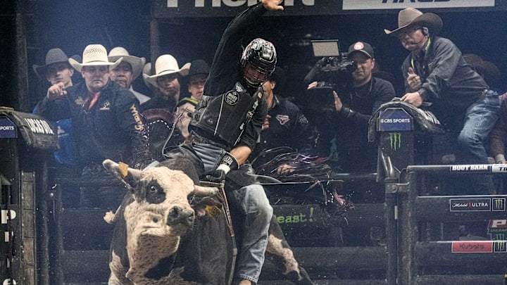 Adriano Salgado has the best ride of the night thus far during the Wrangler PBR Greater Palm Springs at Acrisure Arena in Palm Desert, Calif., March 21, 2025.