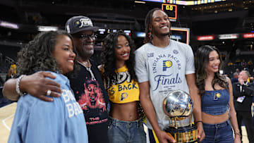 Indiana Pacers center Myles Turner poses for a photo after the Eastern Conference Finals against the New York Knicks.