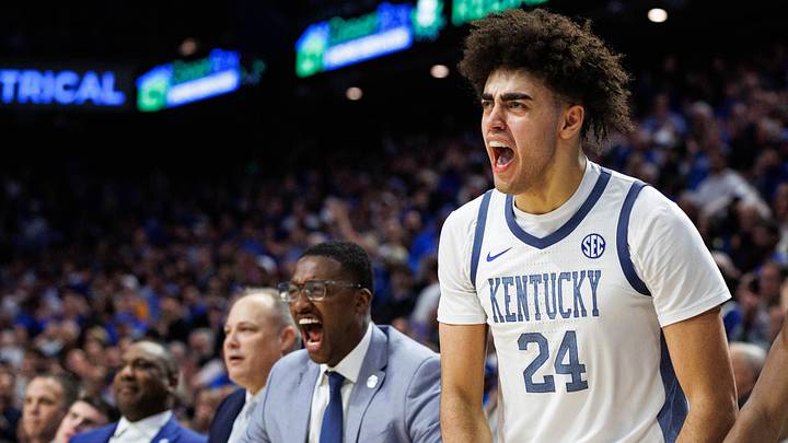 Feb 7, 2026; Lexington, Kentucky, USA; Kentucky Wildcats center Malachi Moreno (24), guard Jasper Johnson (2) and forward Braydon Hawthorne (right) celebrate from the bench during the second half against the Tennessee Volunteers at Rupp Arena at Central Bank Center. Mandatory Credit: Jordan Prather-Imagn Images