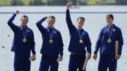 Nick Mead, Justin Best, Michael Grady and Liam Corrigan celebrate their gold medal in the men's four during the Paris 2024 Olympic Summer Games at Vaires-sur-Marne Nautical Stadium.