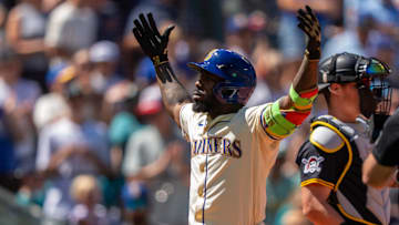 Jul 6, 2025; Seattle, Washington, USA; Seattle Mariners left fielder Randy Arozarena (56) celebrates after hitting solo home run during the sixth inning against the Pittsburgh Pirates at T-Mobile Park. Mandatory Credit: Stephen Brashear-Imagn Images