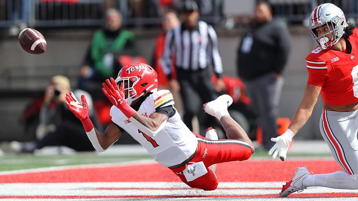 Oct 7, 2023; Columbus, Ohio, USA;  Maryland Terrapins wide receiver Kaden Prather (1) dives for the football during the first quarter against the Ohio State Buckeyes at Ohio Stadium. Mandatory Credit: Joseph Maiorana-Imagn Images