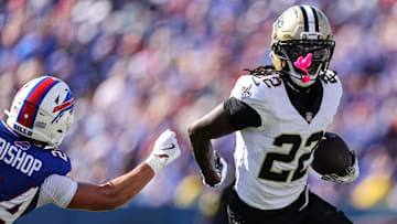 New Orleans Saints WR Rashid Shaheed (22) runs past Buffalo Bills safety Cole Bishop (24) on Sep. 28, 2025.