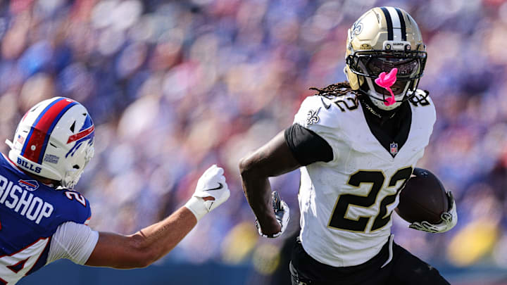 New Orleans Saints WR Rashid Shaheed (22) runs past Buffalo Bills safety Cole Bishop (24) on Sep. 28, 2025.