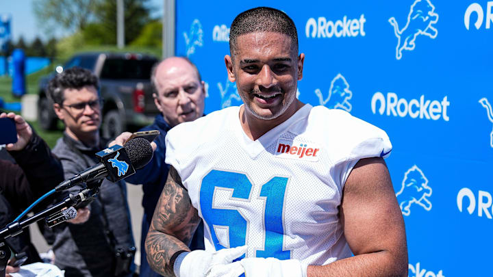Detroit Lions defensive lineman Ahmed Hassanein (61) speaks after practice during rookie mini camp at Meijer Performance Center in Allen Park on Friday, May 9, 2025.