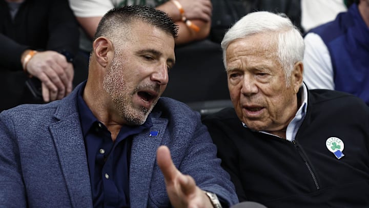 Apr 23, 2025; Boston, Massachusetts, USA; New England Patriots head coach Mike Vrabel, left, talks with Patriots owner Robert Kraft courtside during the second half of game two of the first round of the 2024 NBA Playoffs between the Boston Celtics and the Orlando Magic at TD Garden. Mandatory Credit: Winslow Townson-Imagn Images