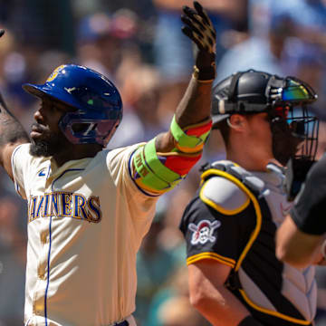 Seattle Mariners left fielder Randy Arozarena celebrates after hitting a home run against the Pittsburgh Pirates on July 6 at T-Mobile Park.