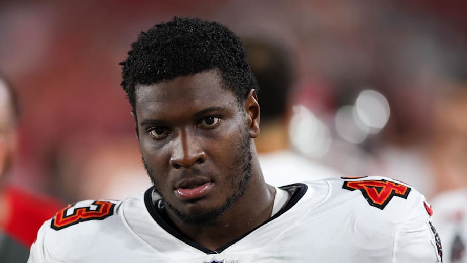 Tampa Bay Buccaneers linebacker Chris Braswell looks on fro the sidelines against the Miami Dolphins in the third quarter. | Nathan Ray Seebeck-Imagn Images