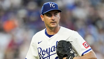 Jul 29, 2025; Kansas City, Missouri, USA; Kansas City Royals starting pitcher Seth Lugo (67) leaves the game during the sixth inning against the Atlanta Braves at Kauffman Stadium. Mandatory Credit: Jay Biggerstaff-Imagn Images