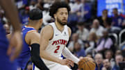 Apr 24, 2025; Detroit, Michigan, USA; Detroit Pistons guard Cade Cunningham (2) dribbles in the second half against the New York Knicks during game three of first round for the 2024 NBA Playoffs at Little Caesars Arena. Mandatory Credit: Rick Osentoski-Imagn Images