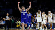 Drake Bulldogs guard Mitch Mascari (22) celebrates in the second half of a first round men’s NCAA Tournament game against the Missouri Tigers.
