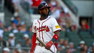 Jul 2, 2025; Atlanta, Georgia, USA; Atlanta Braves left fielder Jurickson Profar (7) reacts after a strikeout against the Los Angeles Angels in the first inning at Truist Park. Mandatory Credit: Brett Davis-Imagn Images
