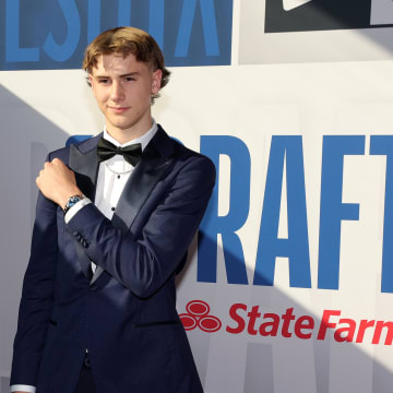 Jun 26, 2024; Brooklyn, NY, USA; Johnny Furphy arrives before the first round of the 2024 NBA Draft at Barclays Center. Mandatory Credit: Brad Penner-USA TODAY Sports