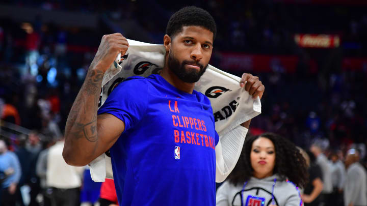 Oct 31, 2023; Los Angeles, California, USA; Los Angeles Clippers forward Paul George (13) reacts following the victory against the Orlando Magic at Crypto.com Arena. Mandatory Credit: Gary A. Vasquez-USA TODAY Sports