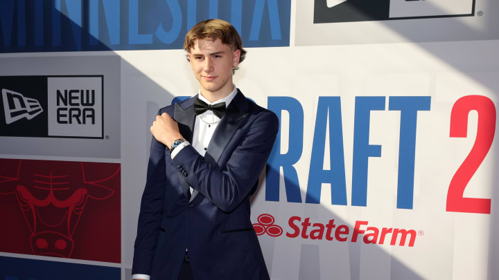 Jun 26, 2024; Brooklyn, NY, USA; Johnny Furphy arrives before the first round of the 2024 NBA Draft at Barclays Center. Mandatory Credit: Brad Penner-USA TODAY Sports