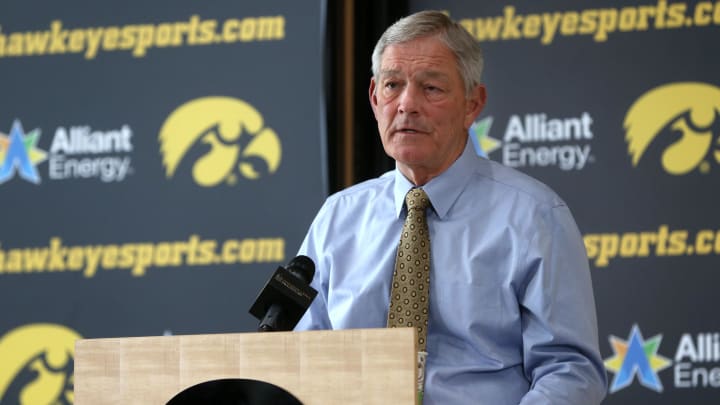 Iowa football coach Kirk Ferentz previews the 2024 football season during a spring press conference Tuesday, March 26, 2024 in Iowa City.