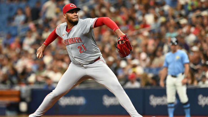 Jul 28, 2024; St. Petersburg, Florida, USA; Cincinnati Reds starting pitcher Hunter Greene (21) throws a pitch in the second inning against the Tampa Bay Rays at Tropicana Field. Mandatory Credit: Jonathan Dyer-USA TODAY Sports