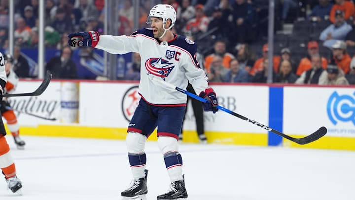 Mar 24, 2026; Philadelphia, Pennsylvania, USA; Columbus Blue Jackets center Boone Jenner (38) reacts against the Philadelphia Flyers in the second period at Xfinity Mobile Arena. Mandatory Credit: Kyle Ross-Imagn Images