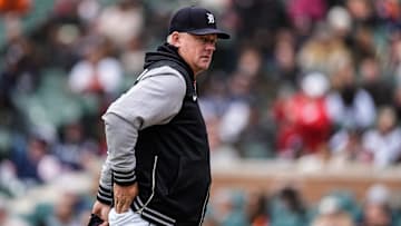 Detroit Tigers manager A.J. Hinch (14) walks off the field for pitching change against New York Yankees during the sixth inning at Comerica Park in Detroit on Wednesday, April 9, 2025.