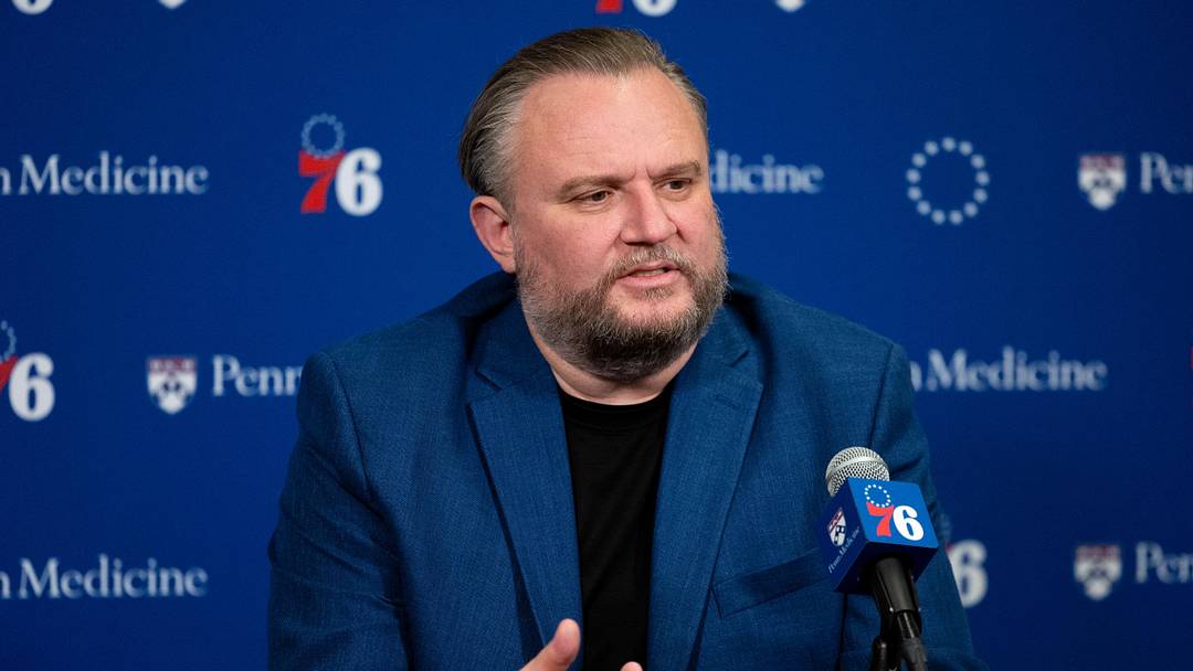 Dec 15, 2023; Philadelphia, Pennsylvania, USA; Philadelphia 76ers resident of Basketball Operations Daryl Morey speaks with the media before a game against the Detroit Pistons at Wells Fargo Center. Mandatory Credit: Bill Streicher-Imagn Images