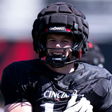 Cincinnati Bearcats linebacker Jake Golday (11) smiles during the Cincinnati Bearcats football spring practice at Nippert Stadium on Saturday, April 12, 2025.