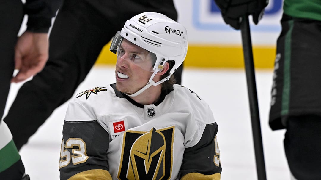 Mar 22, 2026; Dallas, Texas, USA; Vegas Golden Knights right wing Mitch Marner (93) looks on from the ice during the first period against the Dallas Stars at the American Airlines Center. Mandatory Credit: Jerome Miron-Imagn Images