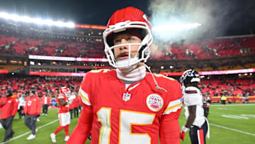 Dec 7, 2025; Kansas City, Missouri, USA; Kansas City Chiefs quarterback Patrick Mahomes (15) walks off the field after the game against the Houston Texans at GEHA Field at Arrowhead Stadium. Mandatory Credit: Amy Kontras-Imagn Images