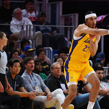 Jul 7, 2024; San Francisco, CA, USA; Los Angeles Lakers forward/guard Vincent Valerio-Bodon (27) passes the ball against the Golden State Warriors during the third quarter at Chase Center. Mandatory Credit: Kelley L Cox-Imagn Images