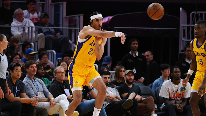 Jul 7, 2024; San Francisco, CA, USA; Los Angeles Lakers forward/guard Vincent Valerio-Bodon (27) passes the ball against the Golden State Warriors during the third quarter at Chase Center. Mandatory Credit: Kelley L Cox-Imagn Images