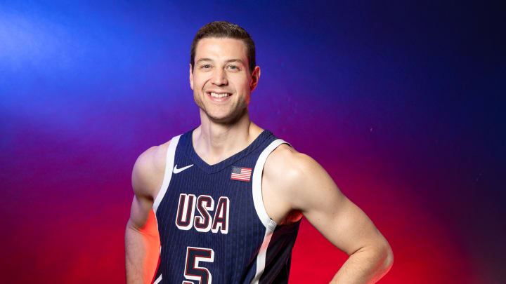 Jimmer Fredette stands for his 2024 Team USA Media Summit player portrait