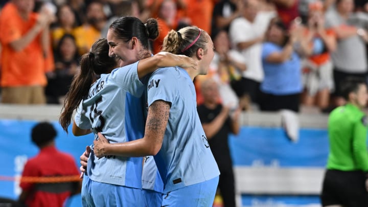 Jul 28, 2024; Houston, Texas, USA;  Houston Dash midfielder Barbara Olivieri (15) celebrates scoring with forward Diana Ordonez (9) during the second half against Tigres UANL at Shell Energy Stadium. Mandatory Credit: Maria Lysaker-USA TODAY Sports