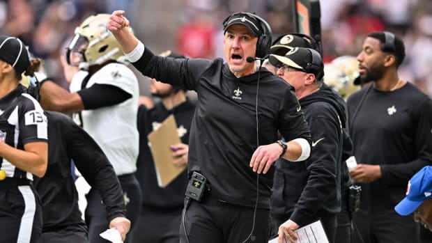 New Orleans Saints head coach Dennis Allen reacts on the sideline against the Houston Texans at NRG Stadium