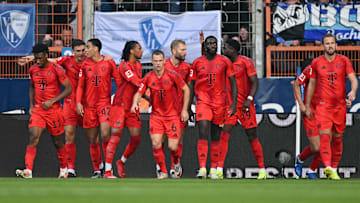 Bayern Munich players celebrating during the win against VfL Bochum on matchday eight of the Bundesliga.