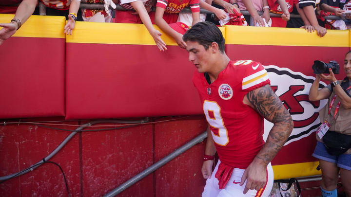 Aug 17, 2024; Kansas City, Missouri, USA; Kansas City Chiefs running back Louis Rees-Zammit (9) greets fans after the win over the Detroit Lions during the game at GEHA Field at Arrowhead Stadium. Mandatory Credit: Denny Medley-USA TODAY Sports