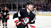 Feb 4, 2025; Buffalo, New York, USA;  Buffalo Sabres defenseman Bowen Byram (4) celebrates his goal during the first period against the Columbus Blue Jackets at KeyBank Center. Mandatory Credit: Timothy T. Ludwig-Imagn Images