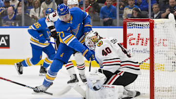 Oct 15, 2025; St. Louis, Missouri, USA; St. Louis Blues center Nick Bjugstad (77) shoots against Chicago Blackhawks goaltender Arvid Soderblom (40) during the first period at Enterprise Center. Mandatory Credit: Jeff Curry-Imagn Images