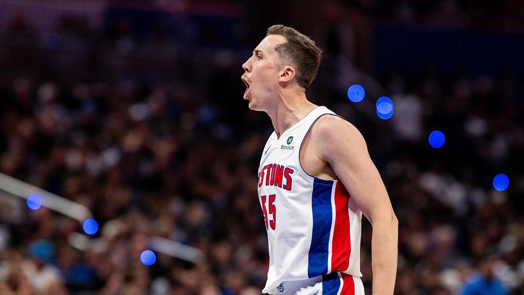 May 1, 2026; Orlando, Florida, USA; Detroit Pistons forward Duncan Robinson (55) celebrates his three pointer agains the Orlando Magic in the fourth quarter during game six of the first round of the 2026 NBA Playoffs at Kia Center. Mandatory Credit: Jeremy Reper-Imagn Images