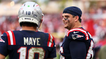New England Patriots quarterback Drake Maye, left, and left tackle Will Campbell
