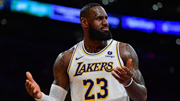 Apr 6, 2024; Los Angeles, California, USA; Los Angeles Lakers forward LeBron James (23) reacts during the second half at Crypto.com Arena. Mandatory Credit: Gary A. Vasquez-USA TODAY Sports