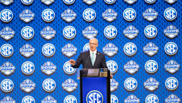 Jul 15, 2024; Dallas, TX, USA;  SEC commissioner Greg Sankey speaking at Omni Dallas Hotel. Mandatory Credit: Brett Patzke-USA TODAY Sports