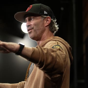 Jul 25, 2024; Santa Clara, CA, USA; San Francisco 49ers defensive coordinator Nick Sorensen answers questions at a press conference following Day 3 of training camp at SAP Performance Facility. Mandatory Credit: D. Ross Cameron-USA TODAY Sports