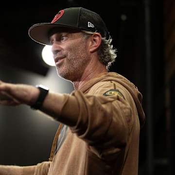 Jul 25, 2024; Santa Clara, CA, USA; San Francisco 49ers defensive coordinator Nick Sorensen answers questions at a press conference following Day 3 of training camp at SAP Performance Facility. Mandatory Credit: D. Ross Cameron-Imagn Images