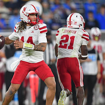 Nov 8, 2025; Pasadena, California, USA; Nebraska Cornhuskers quarterback TJ Lateef (14) throws against the UCLA Bruins during the first half at the Rose Bowl. 
