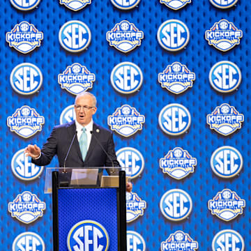 Jul 15, 2024; Dallas, TX, USA;  SEC commissioner Greg Sankey speaking at Omni Dallas Hotel. Mandatory Credit: Brett Patzke-Imagn Images