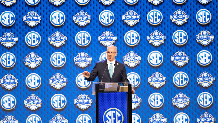 Jul 15, 2024; Dallas, TX, USA;  SEC commissioner Greg Sankey speaking at Omni Dallas Hotel. Mandatory Credit: Brett Patzke-USA TODAY Sports