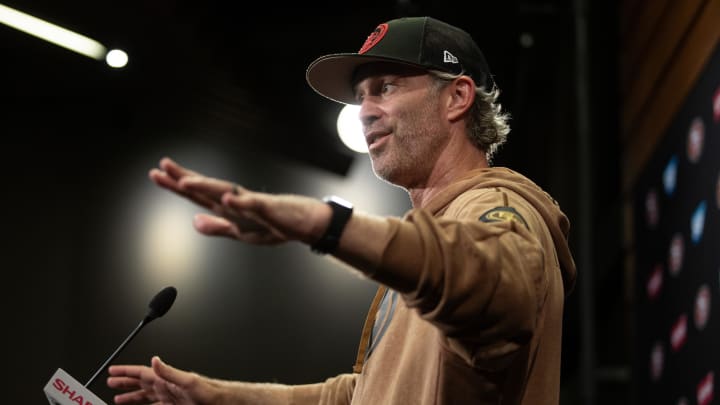 Jul 25, 2024; Santa Clara, CA, USA; San Francisco 49ers defensive coordinator Nick Sorensen answers questions at a press conference following Day 3 of training camp at SAP Performance Facility. Mandatory Credit: D. Ross Cameron-USA TODAY Sports