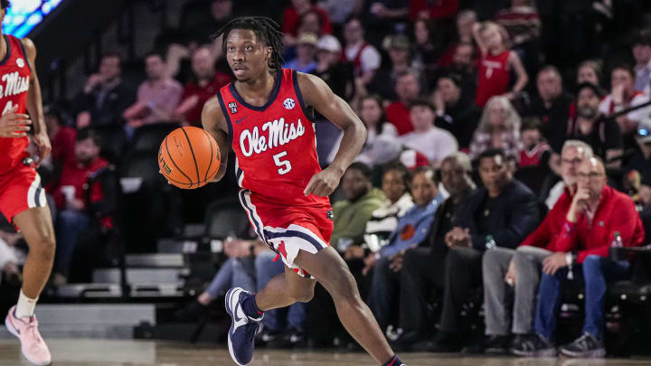 Mar 5, 2024; Athens, Georgia, USA; Mississippi Rebels guard Jaylen Murray (5) brings the ball up the court against the Georgia Bulldogs during the second half at Stegeman Coliseum. Mandatory Credit: Dale Zanine-USA TODAY Sports