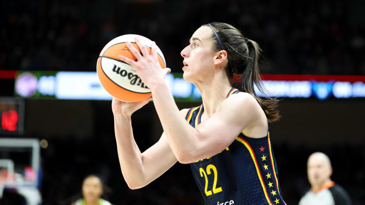 May 3, 2024; Dallas, Texas, USA; Indiana Fever guard Caitlin Clark (22) shoots during the second quarter against the Dallas Wings at College Park Center. 