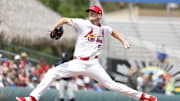 Mar 21, 2024; Jupiter, Florida, USA; St. Louis Cardinals starting pitcher Zack Thompson (57) pitches against the Houston Astros in the second inning at Roger Dean Chevrolet Stadium. Mandatory Credit: Rhona Wise-Imagn Images