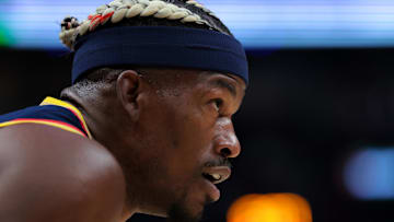 Mar 25, 2025; Miami, Florida, USA; Golden State Warriors forward Jimmy Butler III (10) looks on against the Miami Heat during the first quarter at Kaseya Center. Mandatory Credit: Sam Navarro-Imagn Images